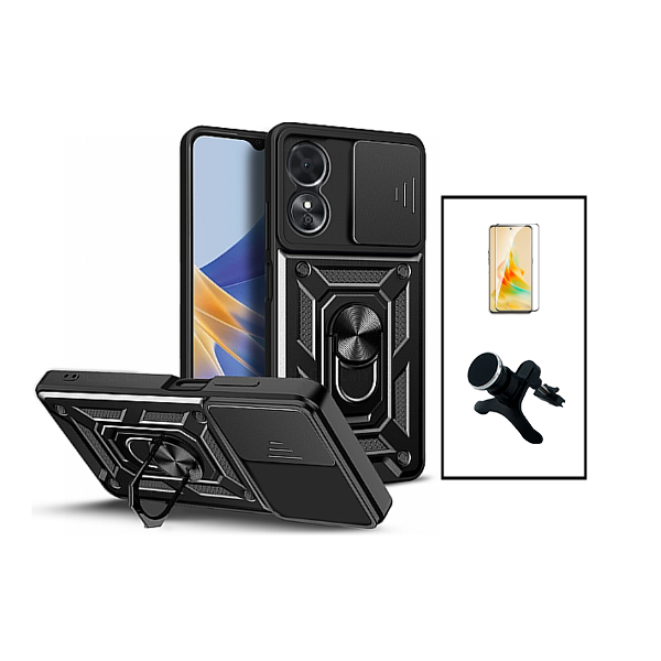 Kit Película de Vidro Temperado 5D Full Cover + Capa Magnetic Military Defender Slide Window Anti-Impacto + Suporte Magnético de Carro Reforçado para Oppo A98 5G - Preto