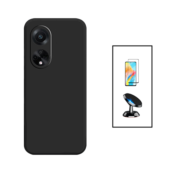 Kit Película de Vidro Temperado 5D Full Cover + Capa Silicone Líquido + Suporte Magnético de Carro para Oppo A1 5G - Preto