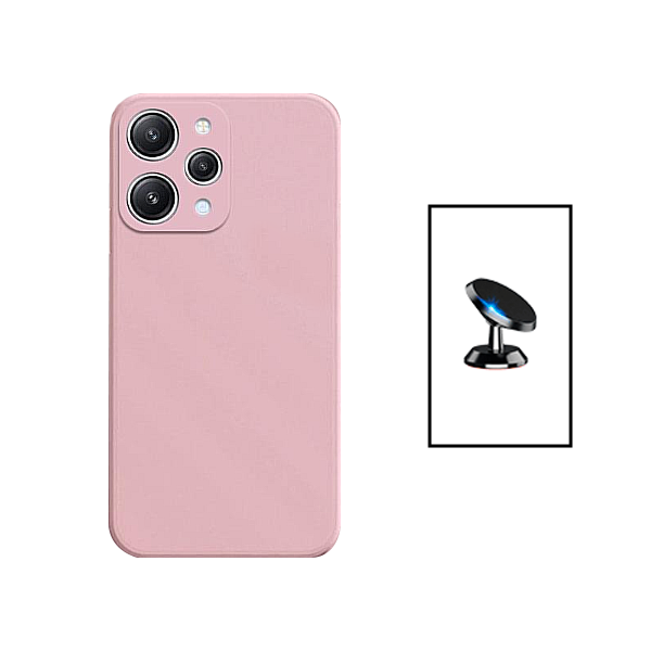 Kit Suporte Magnético de Carro + Capa Silicone Líquido para Xiaomi Redmi Note 12R - Rosa