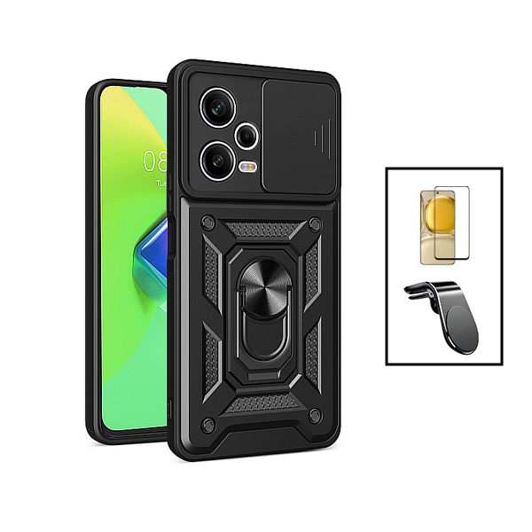 Kit Película de Vidro Temperado 5D Full Cover + Capa Magnetic Military Defender Slide Window Anti-Impacto + Suporte Magnético L Safe Driving Carro para Xiaomi Poco X5 - Preto