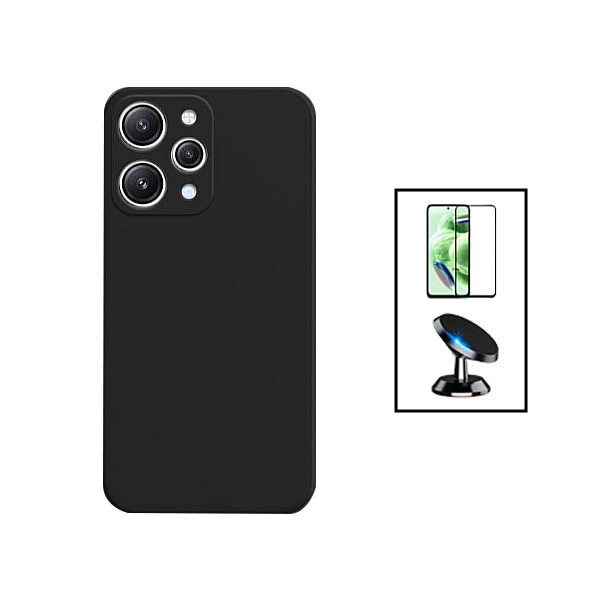 Kit Película de Vidro Temperado 5D Full Cover + Capa Silicone Líquido + Suporte Magnético de Carro para Xiaomi Redmi Note 12R - Preto