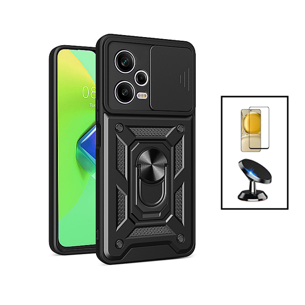 Kit Película de Vidro Temperado 5D Full Cover + Capa Magnetic Military Defender Slide Window Anti-Impacto + Suporte Magnético de Carro para Xiaomi Poco X5 - Preto