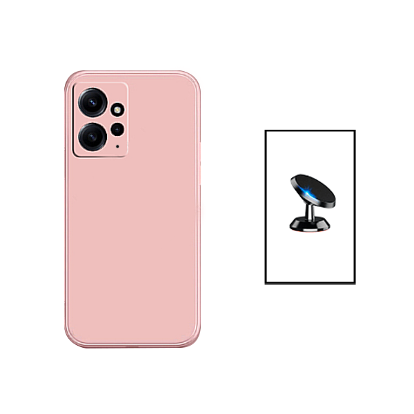 Kit Suporte Magnético de Carro + Capa Silicone Líquido para Xiaomi Redmi Note 12 4G - Rosa