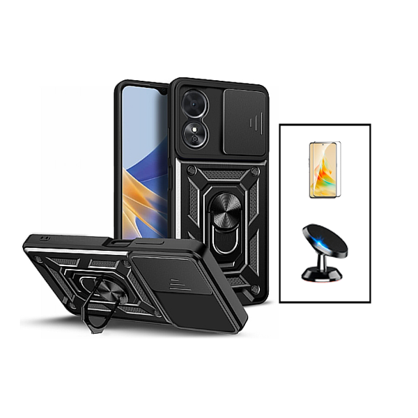 Kit Película de Vidro Temperado 5D Full Cover + Capa Magnetic Military Defender Slide Window Anti-Impacto + Suporte Magnético de Carro para Oppo A98 5G - Preto