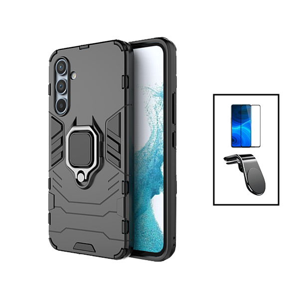 Kit Película de Vidro Temperado 5D Full Cover + Capa 3X1 Military Defender + Suporte Magnético L Safe Driving Carro para Samsung Galaxy A14 - Preto