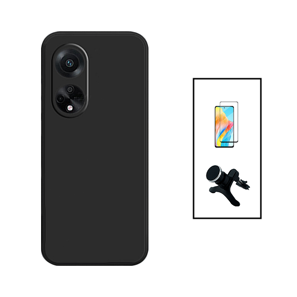 Kit Película de Vidro Temperado 5D Full Cover + Capa Silicone Líquido + Suporte Magnético de Carro Reforçado para Oppo F23 5G - Preto