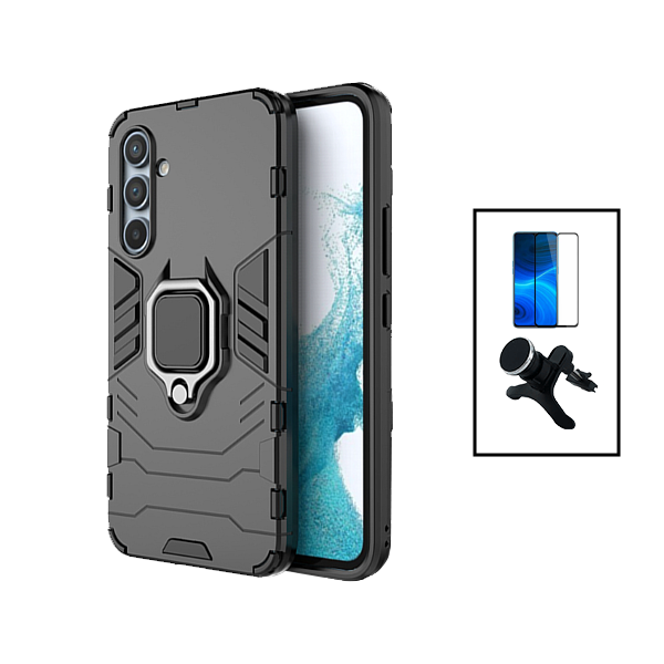 Kit Película de Vidro Temperado 5D Full Cover + Capa 3X1 Military Defender + Suporte Magnético de Carro Reforçado para Samsung Galaxy A14 - Preto