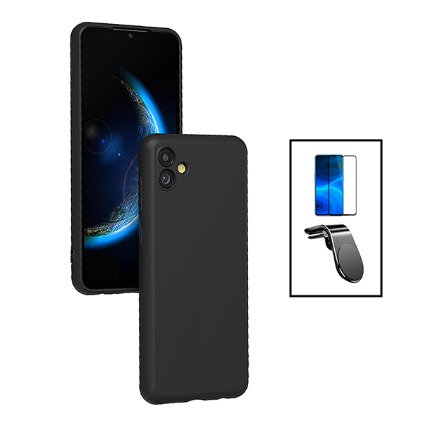 Kit Película de Vidro Temperado 5D Full Cover + Capa Silicone Líquido + Suporte Magnético L Safe Driving Carro para Samsung Galaxy F04 - Preto