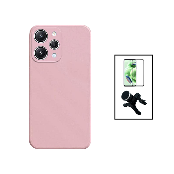 Kit Película de Vidro Temperado 5D Full Cover + Capa Silicone Líquido + Suporte Magnético de Carro Reforçado para Xiaomi Redmi Note 12R - Rosa