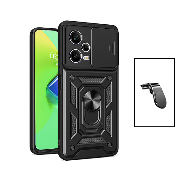 Kit Suporte Magnético L Safe Driving Carro + Capa Magnetic Military Defender Slide Window Anti-Impacto para Xiaomi Poco X5 - Preto