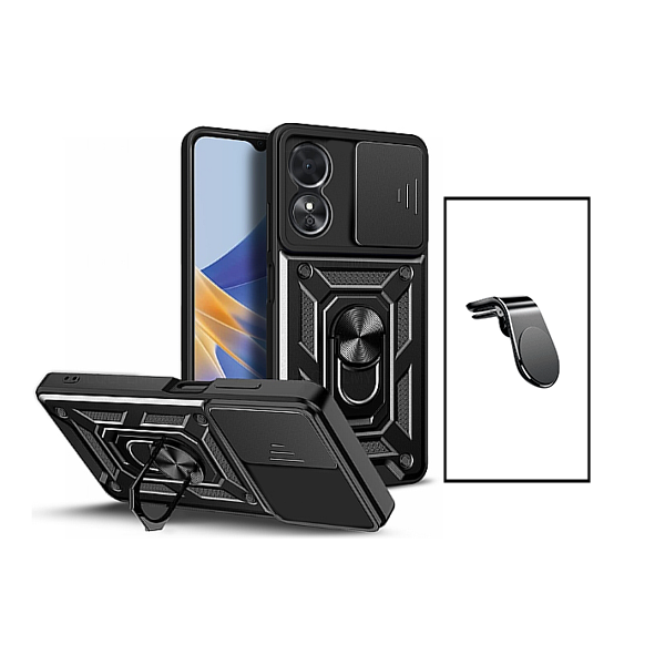 Kit Suporte Magnético L Safe Driving Carro + Capa Magnetic Military Defender Slide Window Anti-Impacto para Oppo A98 5G - Preto