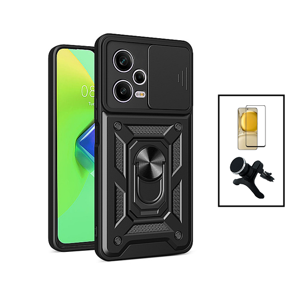 Kit Película de Vidro Temperado 5D Full Cover + Capa Magnetic Military Defender Slide Window Anti-Impacto + Suporte Magnético de Carro Reforçado para Xiaomi Poco X5 - Preto